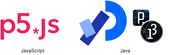 Logos of p5js (JavaScript) and the Java Processing ide / library.