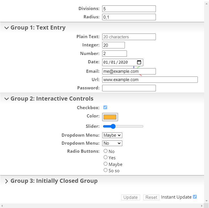 example of input fields
