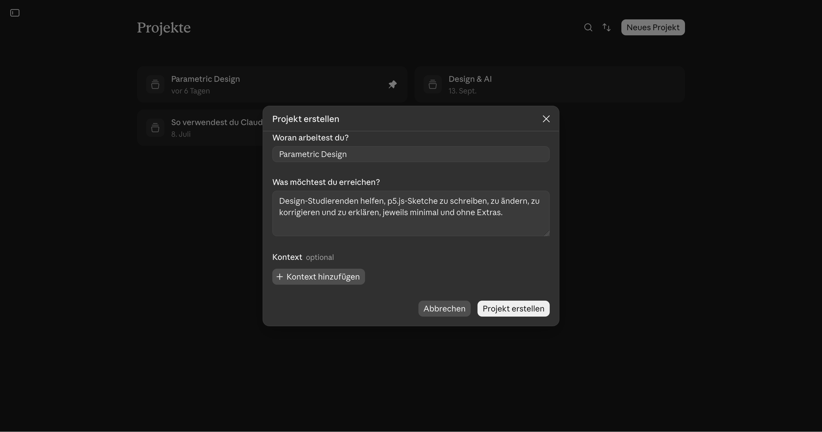 Claude: neues Projekt anlegen